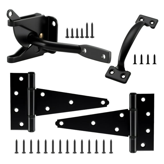 WellMade Wood Heavy Duty Gate Hardware Set，6" Gate Tee Hinge,Pull Set Gate Hardware Kit for Outdoor Fence Swing Gate Black Finish，with Screws