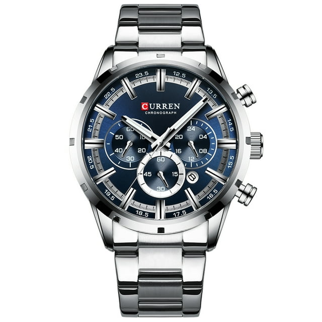CURREN 8355 Luxury Business Quartz Men Watch 3ATM Waterproof Large Case Big Dial Luminous Wrist Watch Calendar Minute Second Chronograph 24-hours Three Sub-Dials Wristwatch with Alloy Strap Silver