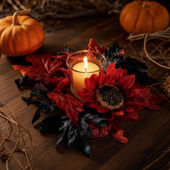 Bcylexb Halloween Candle Ring Wreaths, 9.5" Artificial Sunflower Maple Leaf Spooky Floral Wreaths for Front Door Table Halloween Home Decor