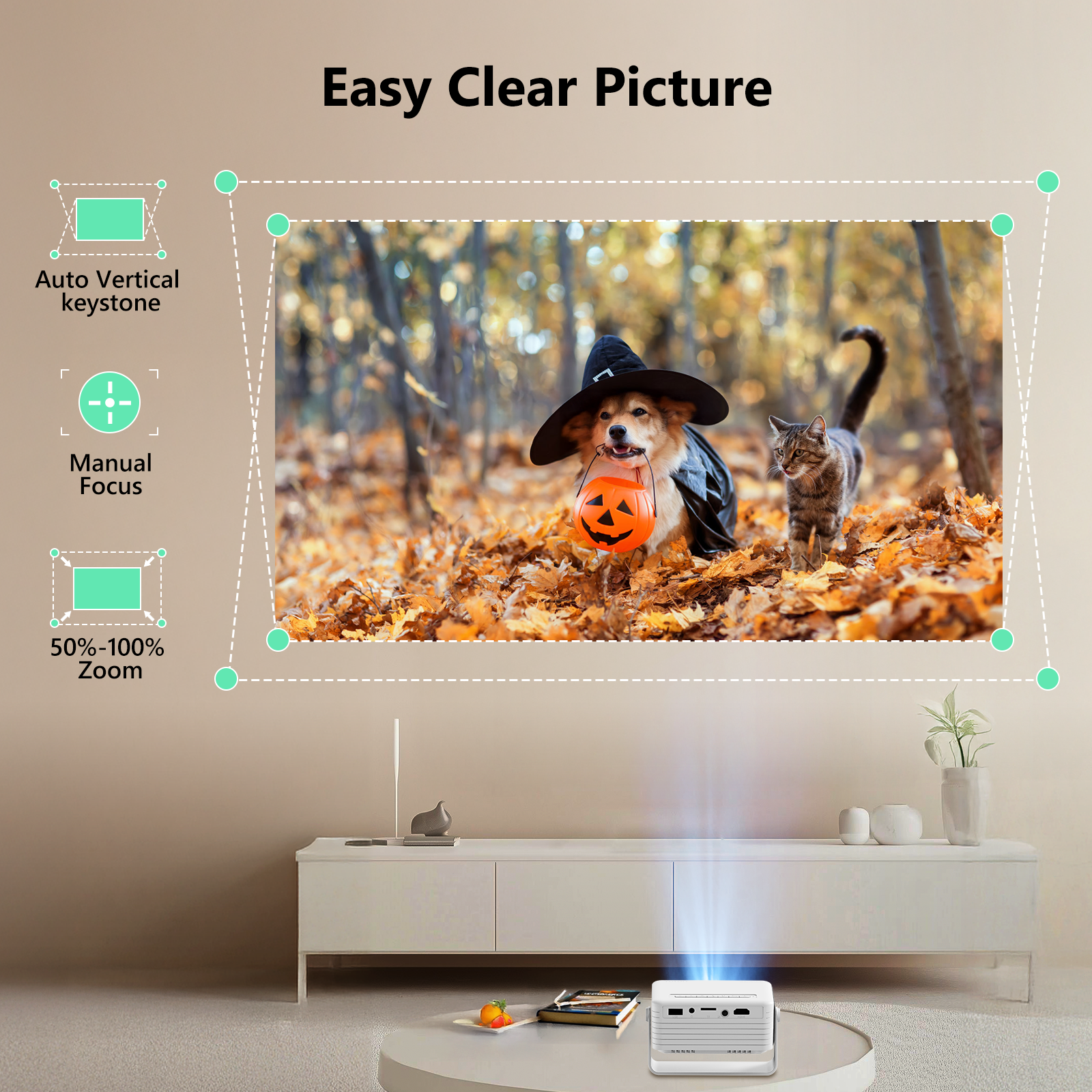 CocoBear Mini Projector 720P HD Portable Projector, 4000 Lumens LED, WiFi Bluetooth 5.1, 30–120" Screen, HDMI USB AV Compatible, Home Theater Outdoor Movie Projector, Black