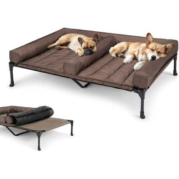 Cooling Raised Dog Bed   Removable Double Dog Bed Cushion for Two Medium Dogs, Elevated Dog Bed with Waterproof Bolster Mat, Breathable Mesh, No-Slip Feet, Dog Couch Bed, Brown CWC2331D