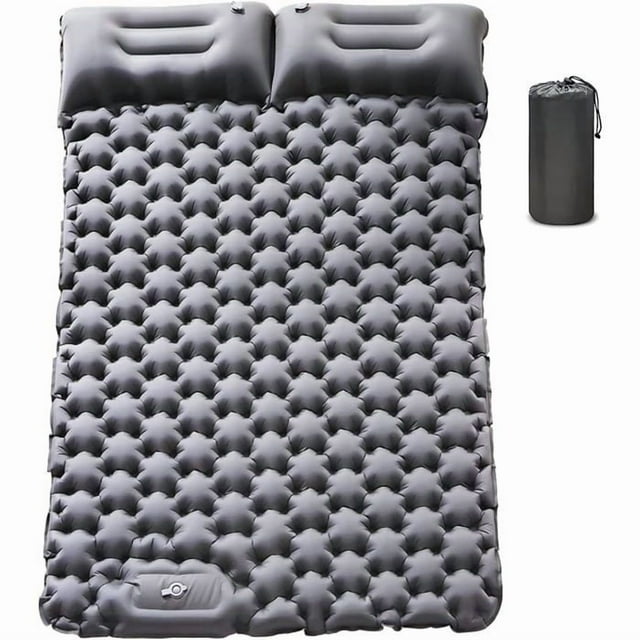 Double Inflatable Camping Mattress with Pillow Built-in Foot Pump Ultralight Sleeping Air Mattress (Grey)