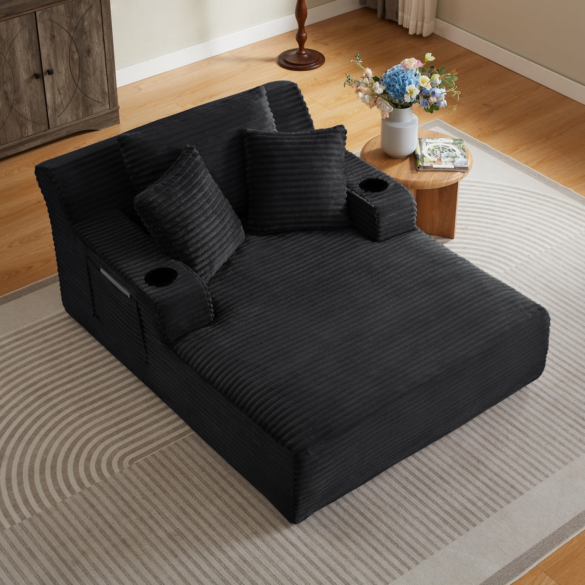 BSHTI 66.1" Corduroy Oversized Chaise Lounge Chair with Cup Holder, Side Pockets and Boneless Design for Living Room（Black）