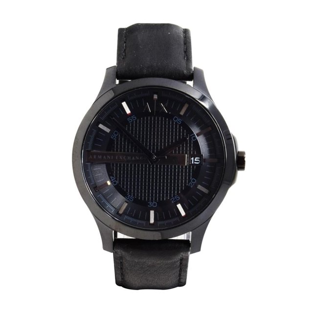reloj armani exchange análogo caballero ax2400 con caja de acero inoxidable 46 mm y 12 mm de grosor, dial negro con cristal mineral, correa de piel de becerro negra 22 mm y cierre de hebilla; funciones de calendario y fecha visible en las 3 h. También suele usarse como accesorio formal para eventos y oficina.