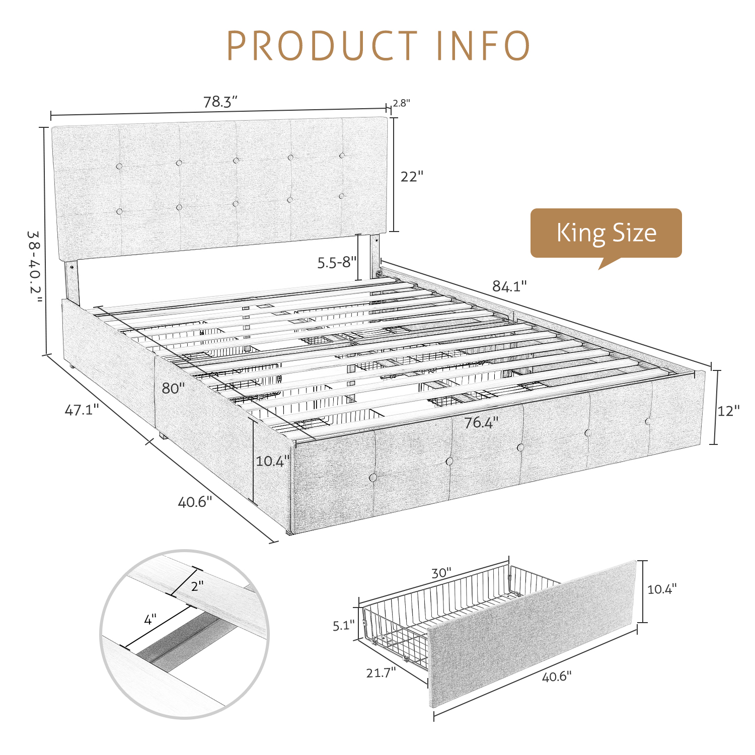 Amolife King Size Platform Bed Frame with Headboard and 4 Storage ...