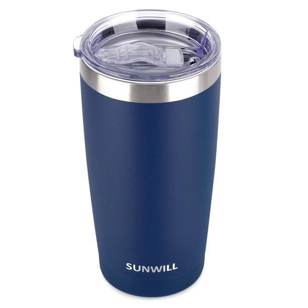 SUNWILL Vaso con tapa de 20 oz, vaso de viaje de doble pared aislado al vacío de acero inoxidable, taza de café aislada duradera, azul marino con recubrimiento en polvo, taza térmica con tapa deslizan