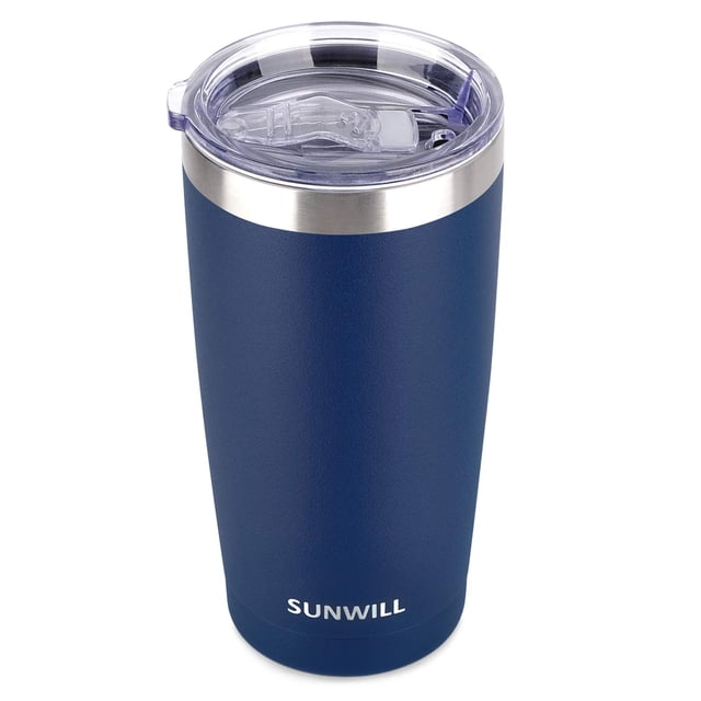 SUNWILL Vaso con tapa de 20 oz, vaso de viaje de doble pared aislado al vacío de acero inoxidable, taza de café aislada duradera, azul marino con recubrimiento en polvo, taza térmica con tapa deslizan