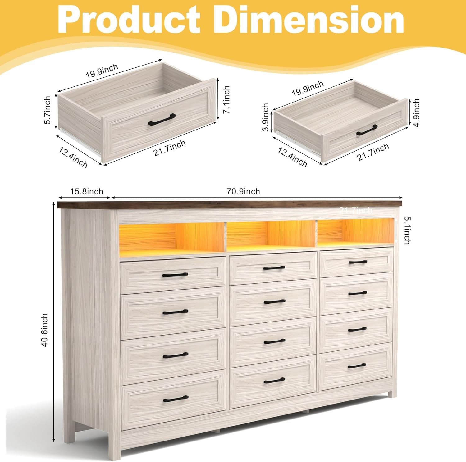 ANPOO 71" Large Farmhouse 12 Drawers Dresser with LED Lights & Power Outlet, 41" Tall Chest of Drawers with Storage Organizer/60000 Colors Light, Modern Wood Dresser for Bedroom, Living Room, Hallway