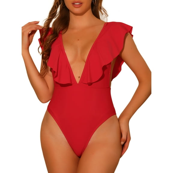 INSPIRE CHIC Women's 1 Piece V Neck Ruffled Swimwear Monokini Tummy Control Bathing Suit Red M
