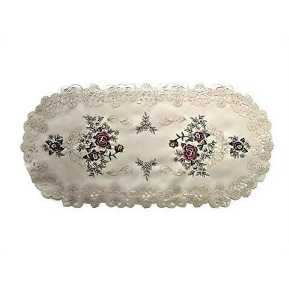 Doily Boutique Placemat or Doily with a Red Burgundy Rose on Ivory Fabric Size 27 x 13 inches