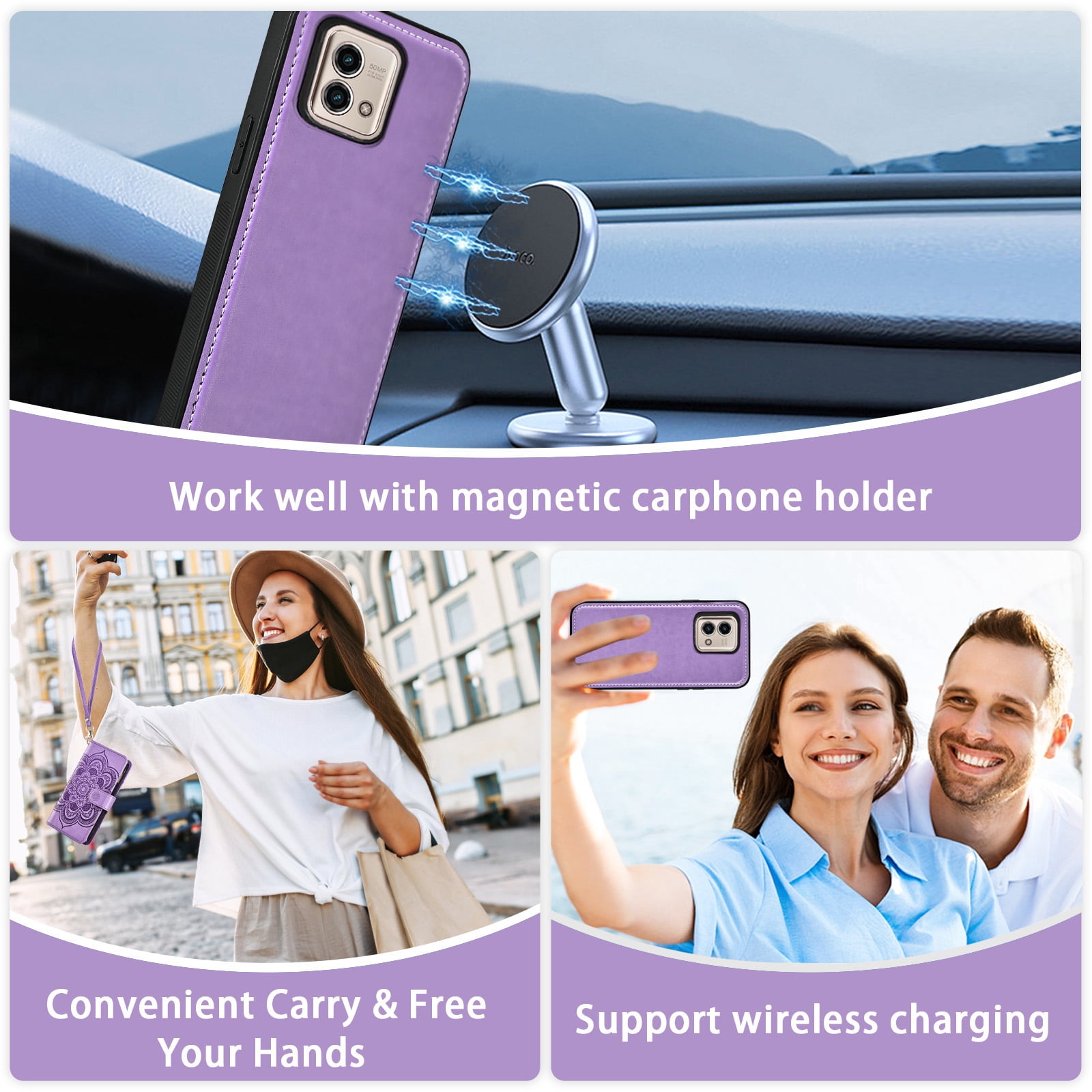 Asuwish Phone Case for Motorola Moto G Stylus 5G 2023 Zipper Wallet Magnetic Detachable Cell Cover with Tempered Glass Screen Protector Crossbody Strap Flower Card Holder Slot GStylus G5 Women Purple