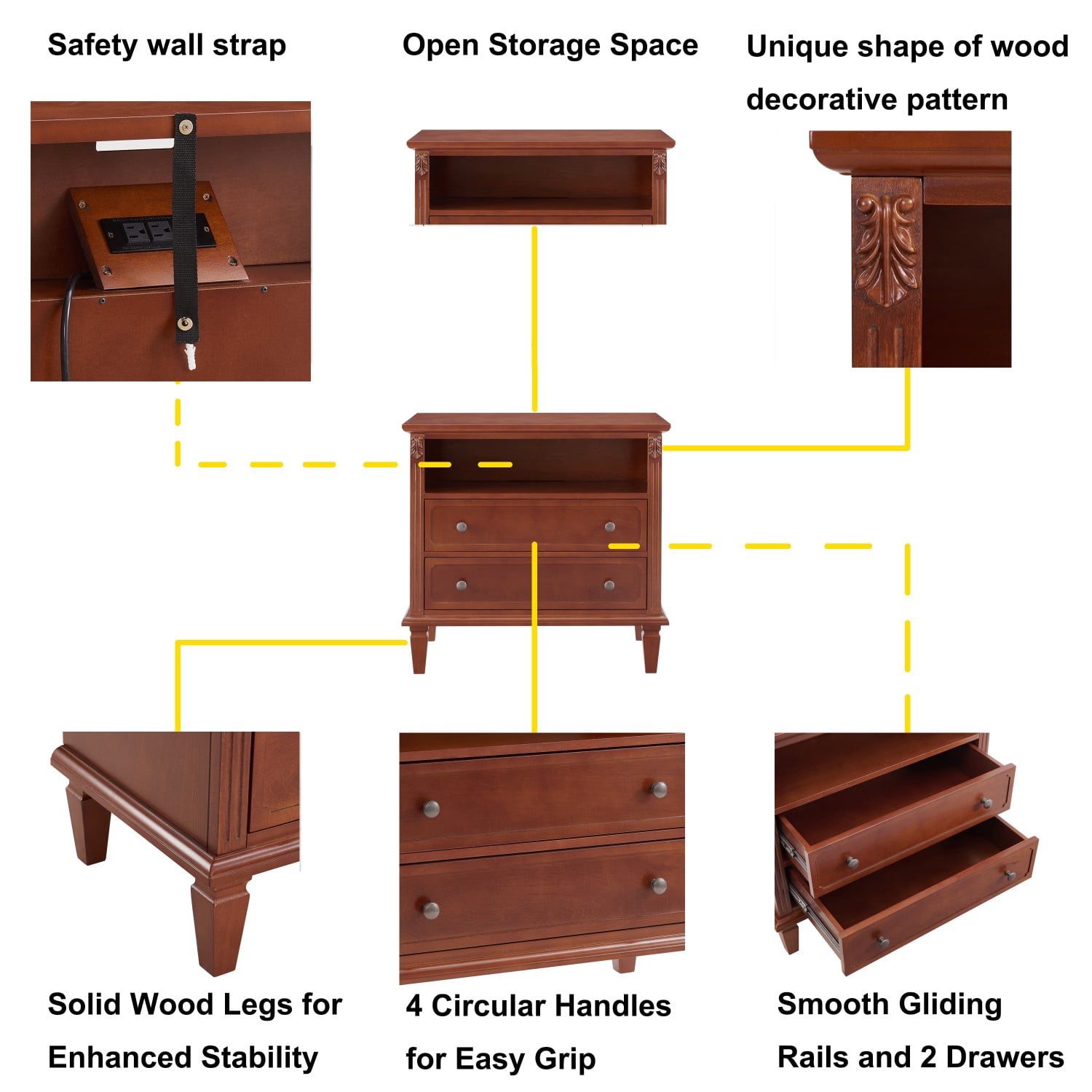 Nightstand with Charging Station, Farmhouse End Table with 2 Drawers and Open Shelf, USB Ports & Outlets, Fluted Design Bedside Table with Solid Wood Legs, Walnut
