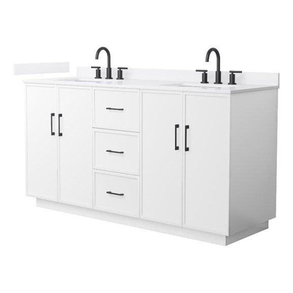 Elan TK 66" White Double Vanity & White Quartz Top (3-Hole) & Black Trim