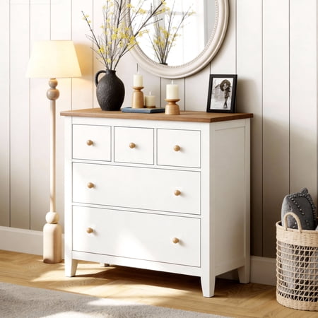 CozyHome White Dresser Tall Modern Wood Chest of Drawers 5 Drawer Dresser with Solid Wood Knobs for Bedroom Living Room