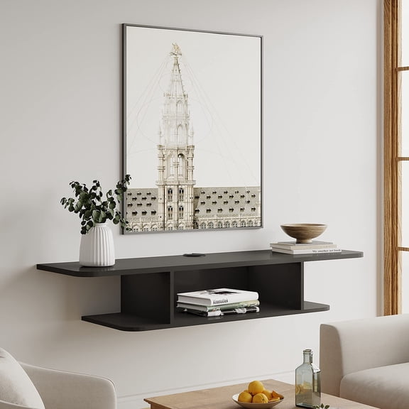 Black Floating Wall Mounted Media Console With Open Shelf For TV And Components