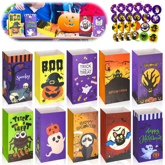 Circles Halloween Treat Bags Large,40pcs Halloween Goodie Bags Paper,Trick or Treat for Kids Candy Bag and 40pcs Halloweens Stickers Gift Bags