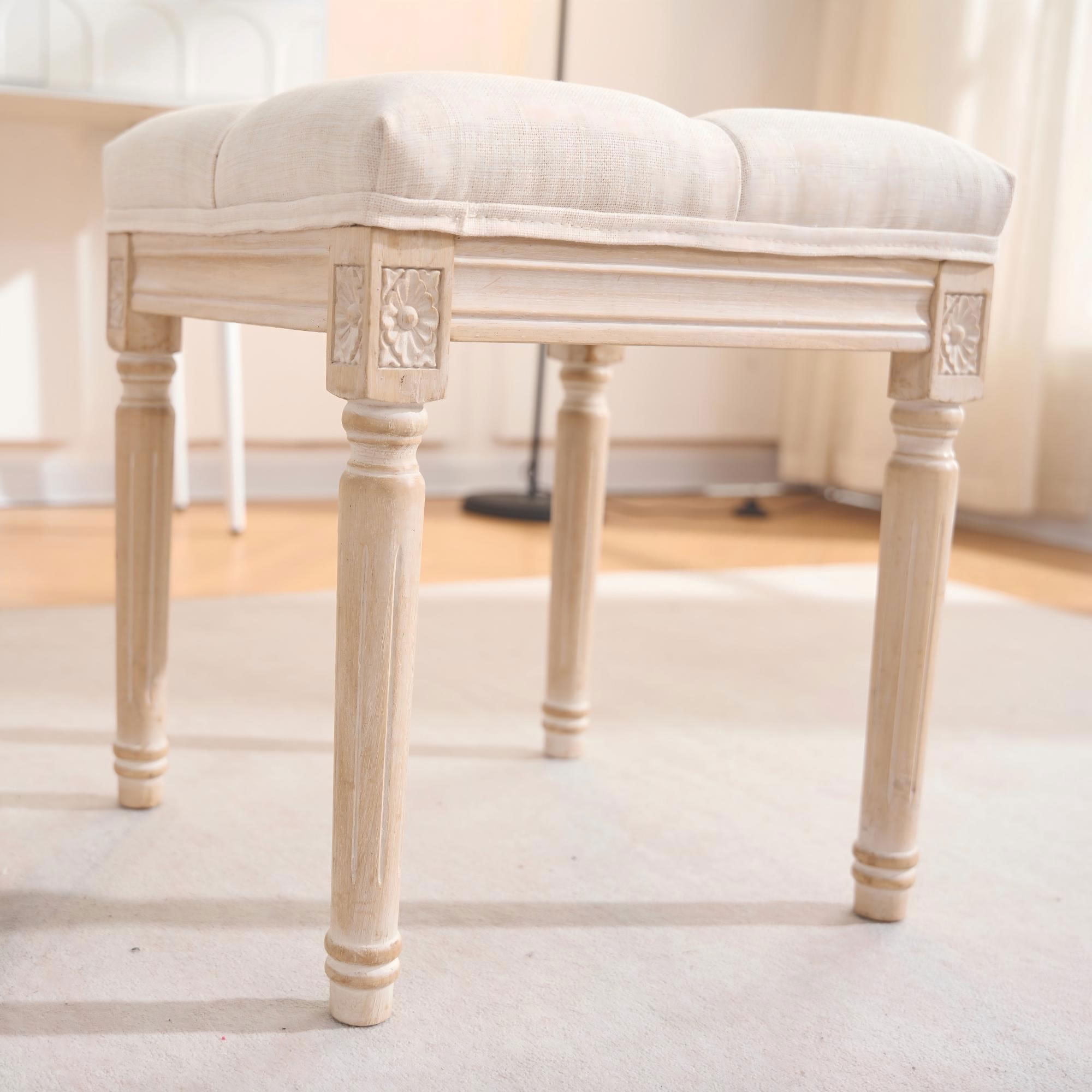 MAYEERTY Tufted Linen Vanity Stool, Square Upholstered End of Bed Bench Entryway Foot Stool for Bedroom Bathroom