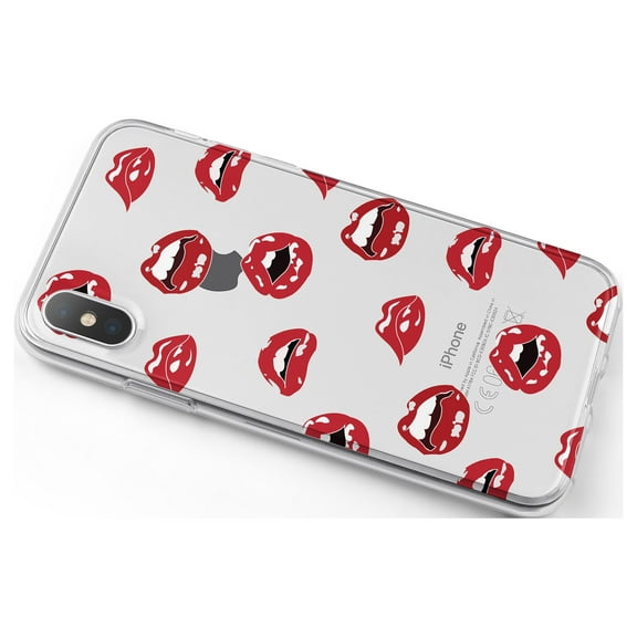 DistinctInk Clear Shockproof Hybrid Case for iPhone X / XS (5.8" Screen) - TPU Bumper, Acrylic Back, Tempered Glass Screen Protector - Red Lips