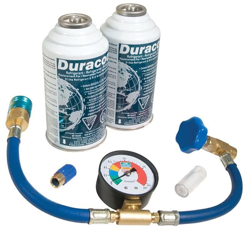 Duracool® 12a Super Refrigerant Recharge Kit, for R-134a mobile air-conditioning (A/C) Systems. Contains 2 Cans Refrigerant, Charging Hose with Pressure Gauge & Quick Connect, Vent Thermometer.
