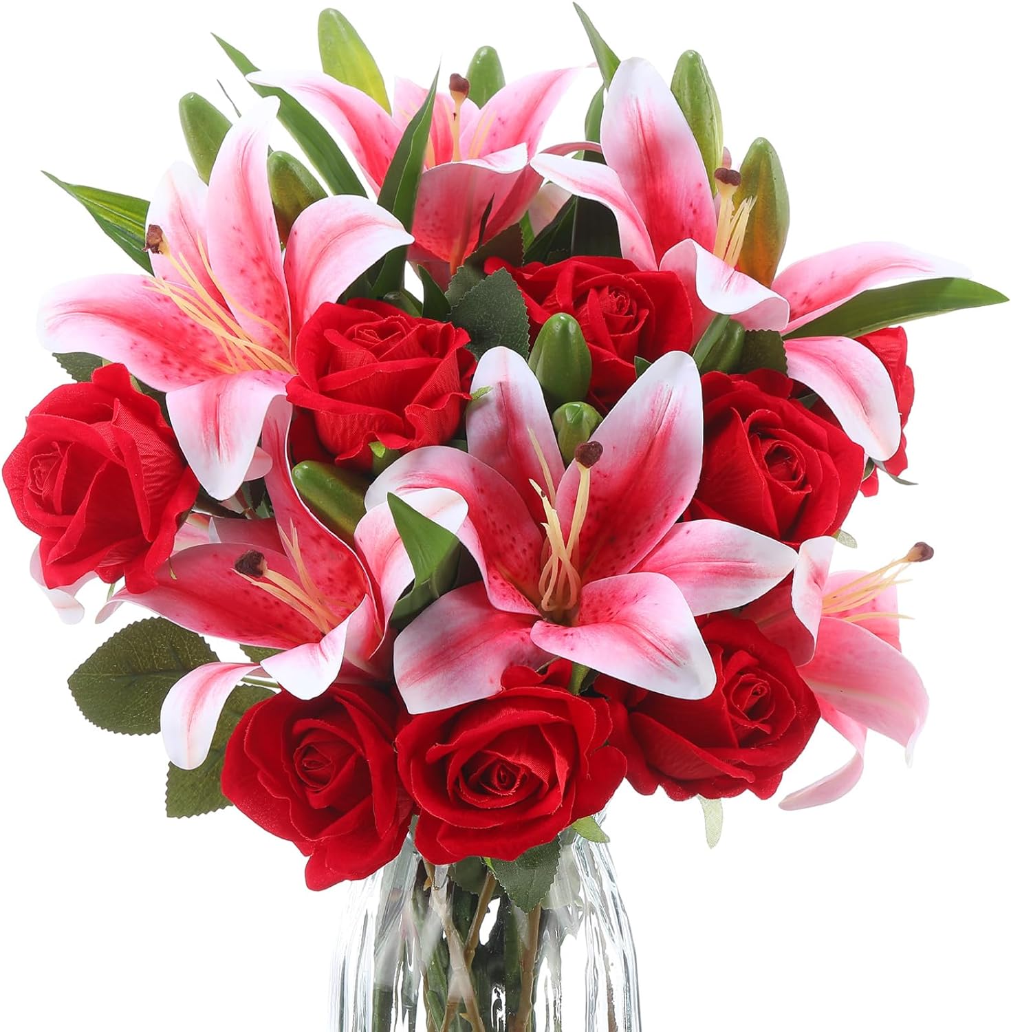 PINSAI Artificial Flowers Velvet Realistic Red Roses and Latex Lilies Flowers Bouquet Decorations Flower Arrangements for Mother's Day Wedding Party Bouquet Table