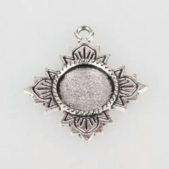 U8MO 10pcs Antique Silver Alloy Flat Round Tray Pendant Blank Bezel Cabochon Settings-Flower,12mm