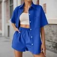 thumbnail image 2 of Arlun 2 Piece Sets for Women Casual Button down Short Sleeve Tops Matching Shorts with Pockets Solid Color Waffle Outfits Loose Comfortable Loungewear Sets Blue L, 2 of 5
