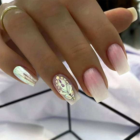 Luxury Press on Nails Medium Ombre Pink Coffin Fake Nails with Designs Glossy Acrylic Glue on Nails for Women