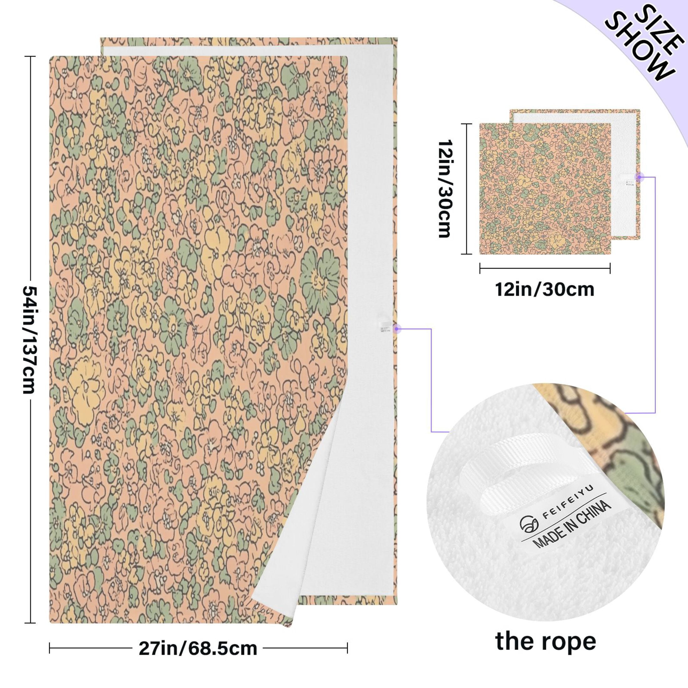 Peach Floral Tapestry 2 Piece Cotton Bath and Face Towel Set Soft and Absorbent, for Beach Pool Bathroom