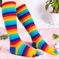 thumbnail image 2 of Calcetines de 5 dedos con punta abierta para mujer y niña, medias de tubo alto de algodón transpirable con estampado de trébol a rayas de colores arcoíris, 2 of 5