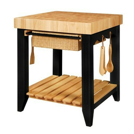 HomeStock Farmhouse Fresh Square Kitchen Island with Butcher Block Top, 30" W x 30" D x 36.38" H, Black/Natural, 4 Utensil Hooks, and Adjustable Glides