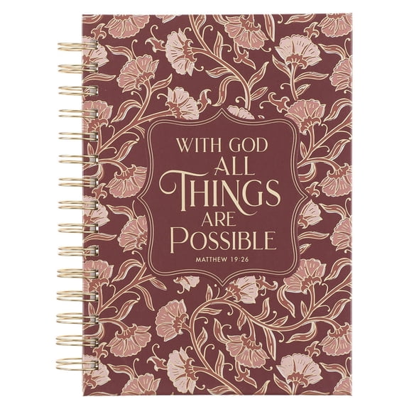 Christian Art Gifts Inspirational Journal, With God All Things Are Possible Wide Ruled Notebook, Matt. 19:26 Bible Verse, Pink Florals, 192 Lined Pages w/scripture, (8.4” x 6.4” x 1”)