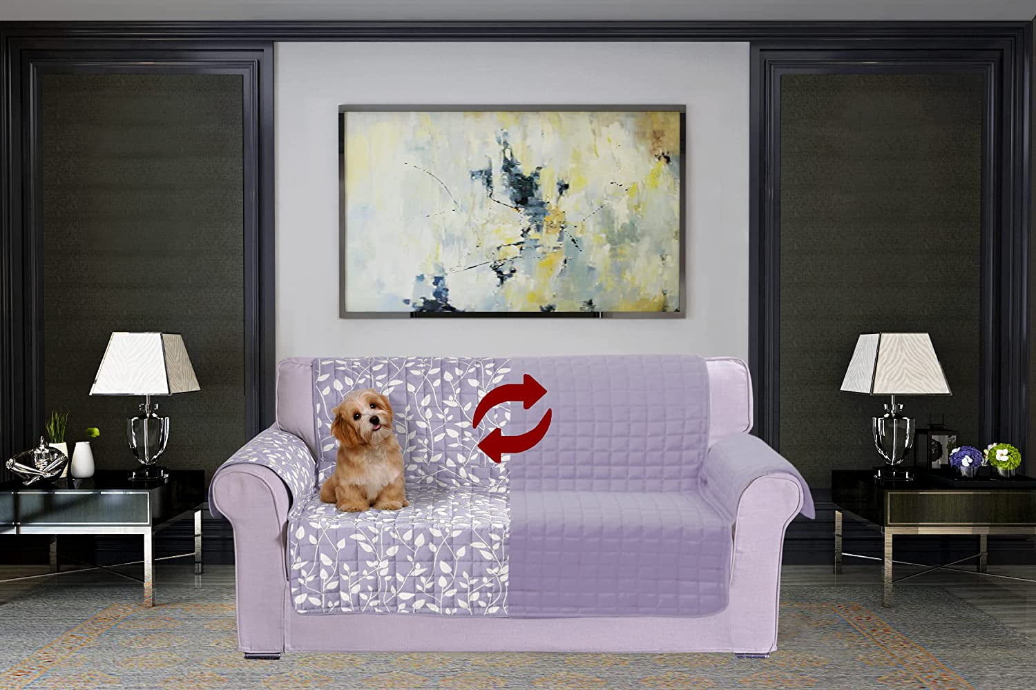 Mocassi Reversible Sofa Slipcover Water Resistant Furniture Protector Pet Couch Covers Smart Leaf Loveseat, Lilac