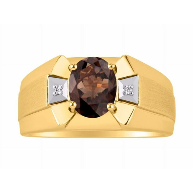 RYLOS Men's Rings 14K Yellow Gold Rings Classic Designer 9X7MM Oval Gemstone & Diamond Ring Smoky Quartz June Birthstone Ring Size 13