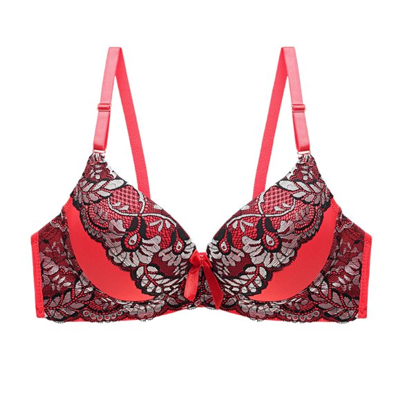 KHONTS Push up Lace Trim Bras for Women Plunge High Supportive Lifting Bra Plus Size Wireless Floral Printed Bralettes Red 95C
