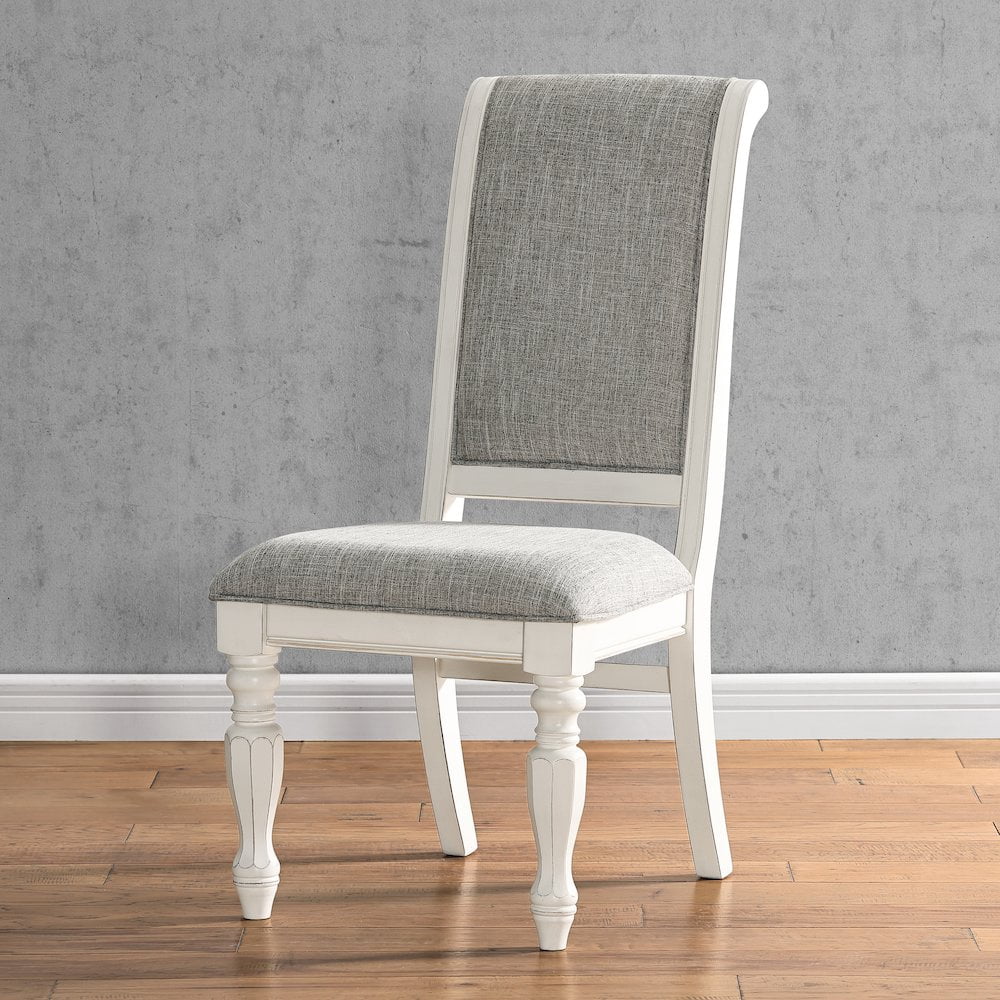 Roundhill Furniture Belleza Antique White Solid Wood Upholstered Dining Chairs, Set of 2
