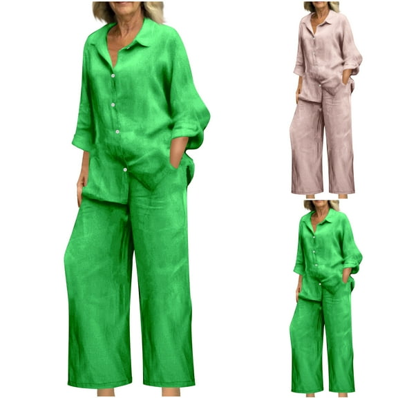 FRSASU Linen 2 Piece Solid Sets for Women Spring/Summer Loose Long Sleeve Shirts Wide Leg Pant Matching Set Plus Size Vacation Outfits Pink XL(XL)