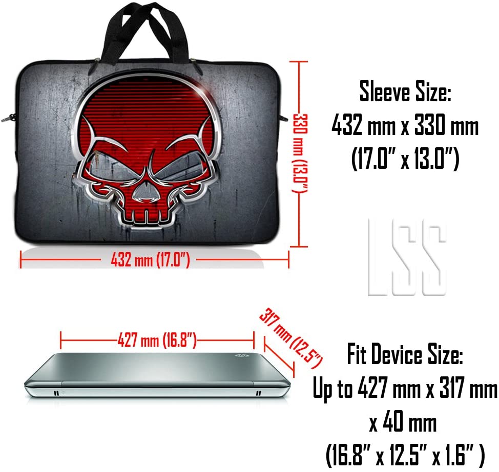 Laptop Skin Shop 17-17.3 inch Neoprene Laptop Sleeve Bag Carrying Case with Handle and Adjustable Shoulder Strap - Silver Red Skull