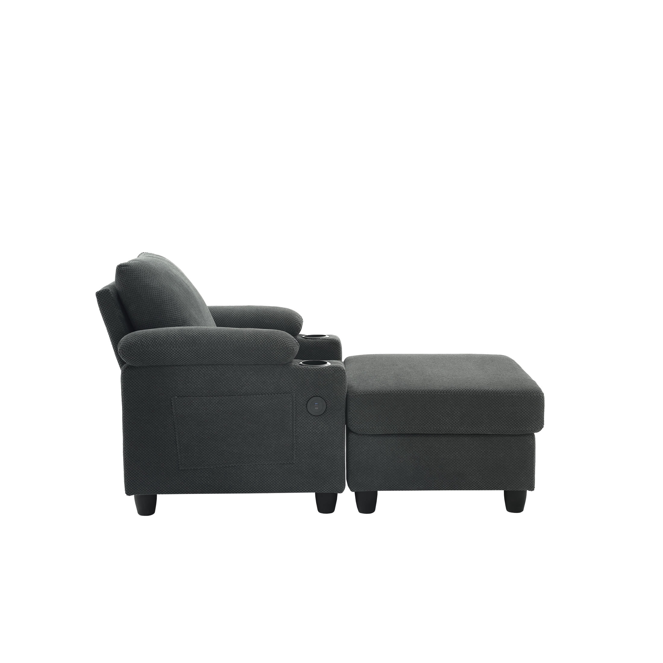 GDF Studio Abriel Accent Chair with Storage Ottoman, USB Ports & Cup Holders, Versatile Chaise Lounge, Dark Gray