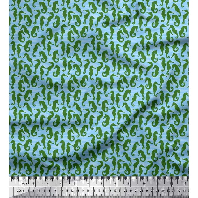 Soimoi Poly Georgette Fabric Sea Horse Ocean Printed Craft Fabric by the Yard 52 Inch Wide