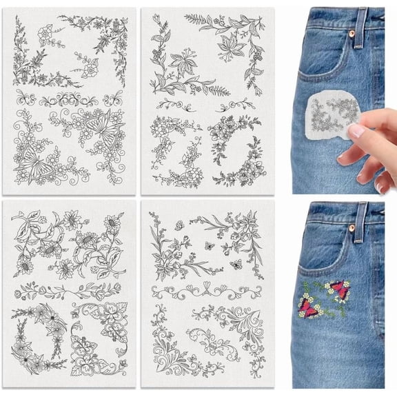 4 Sheets Water Soluble Embroidery Stabilizers 11.69x8.27 Inches Floral Corner Stick and Stitch Embroidery Paper Adhesive Embroidery Transfer Paper