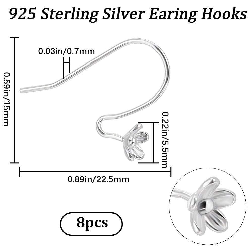 1box 8pcs 925 Sterling Silver Earring Hooks Shepherd's Hook Ear Wire with Flower Tray Silver 22.5x15mm Pin: 0.8mm