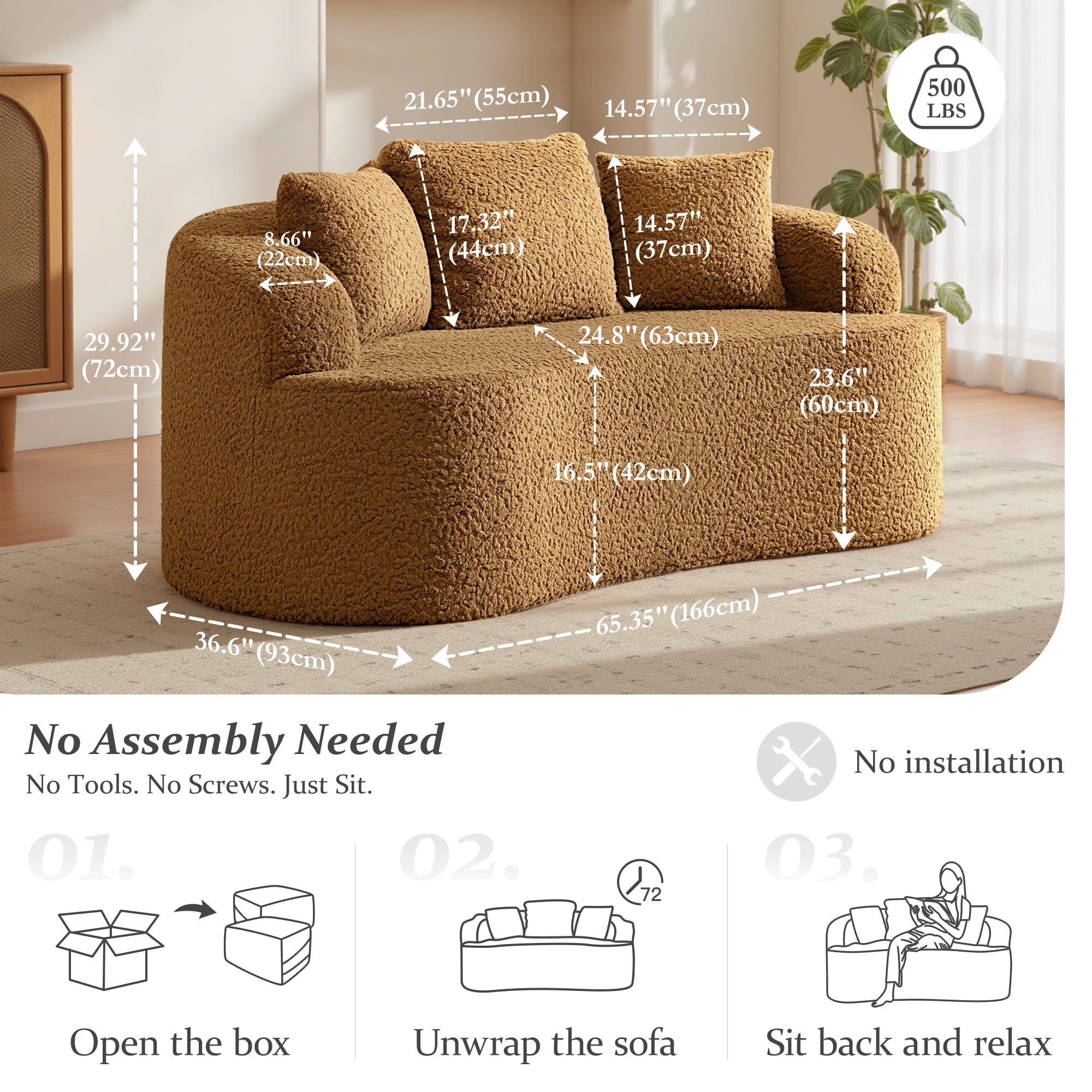 COOLHUT 65" 3 Seater Sofa Couch, Plush Floor Sofa Couch with Cozy Cushions & 3 Pillows, Curved Back Teddy Fabric Sofa for Living Room, Small Space, Brown (Sofa-in-a-Box)