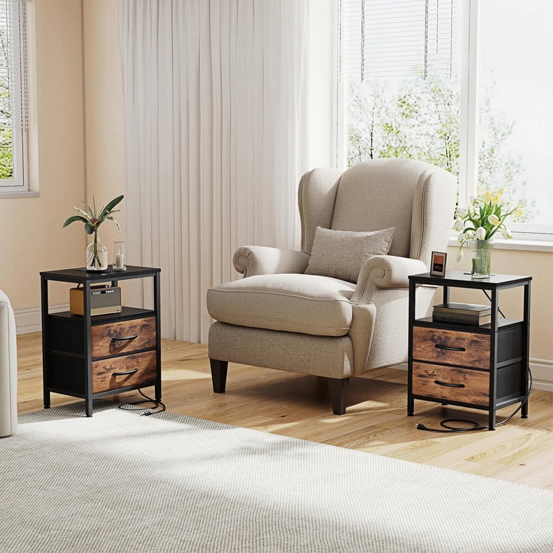 Kelno 2PCS Nightstand with 2 Fabric Drawers Charging Station USB TypeC Outlets Small Bedside Table with Open Storage Shelf, Black Brown