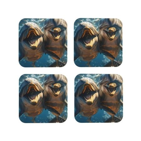 

Honeii Playful Dolphins Underwater Print Leather Coaster Set of 4 Ideal for Safeguarding Your Furniture from Drinks Spills and Effortless Cleanup-Square