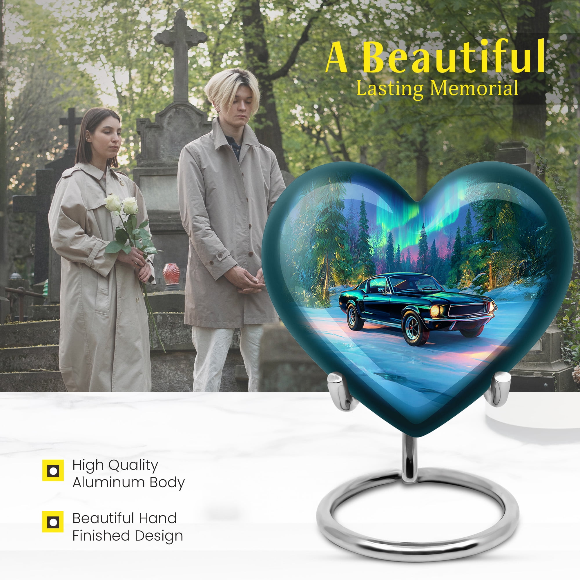 MUKTIVE Car Funeral Heart Urns for Human Adult Ashes Father & Mother, Blue Cremation Burial Urn for Adult Ashes Mother, Small Keepsake Mountain Urns for Loved Ones, 3 Inch