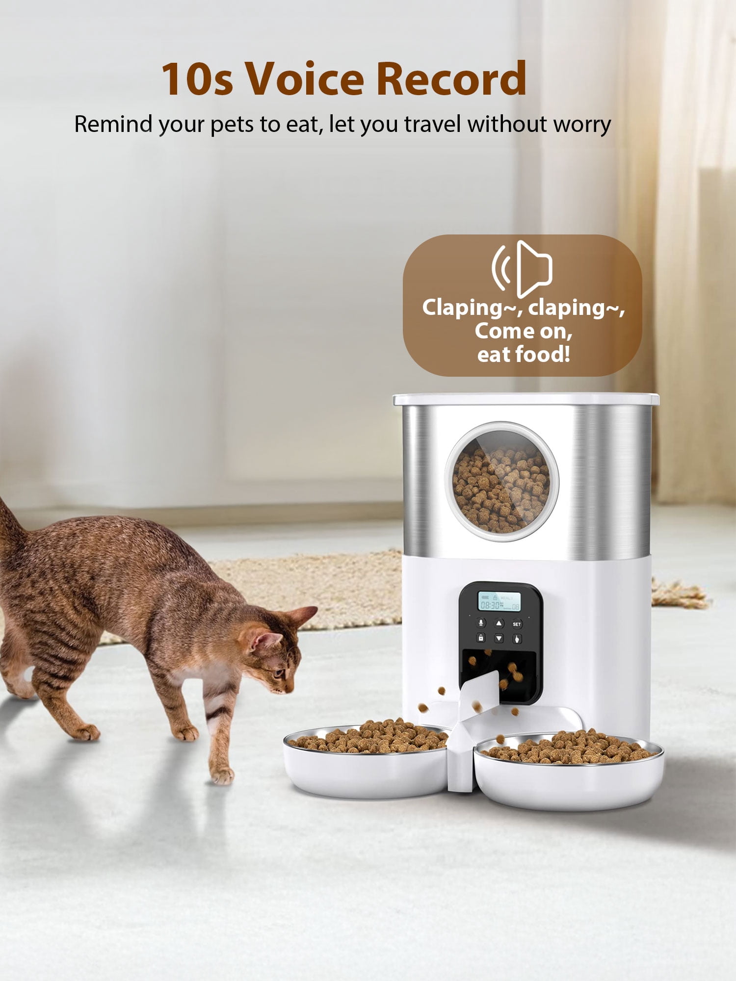 FURCLAN  Automatic Cat Feeder for 2 Cats, 5L Cat Automatic Feeder with Timer, Voice Function and 2 Stainless Steel Bowls for Cats and Small Pets, White