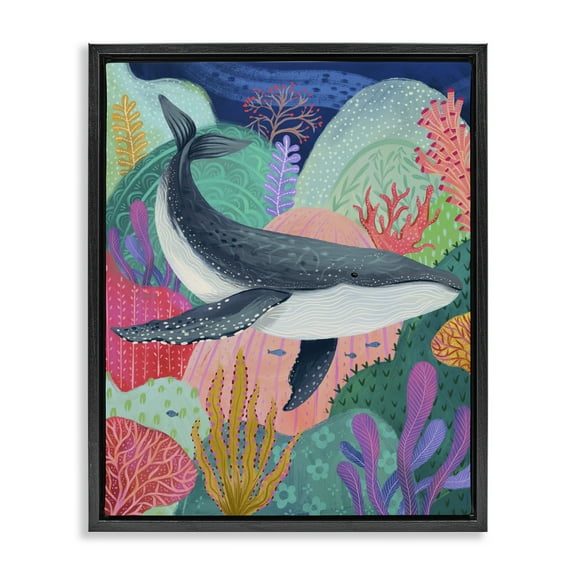Stupell Industries Bright Whale & Sea Coral Nautical & Beach Painting Black Floater Framed Canvas Art Print Wall Art, 17 x 21