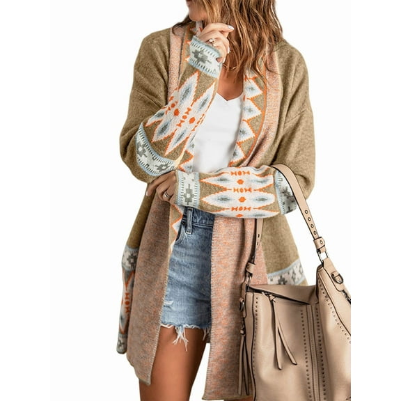 Cardigan for Women Long Sleeve Contrasting Color Print Open Front Knit Oversized Cardigan Khaki L