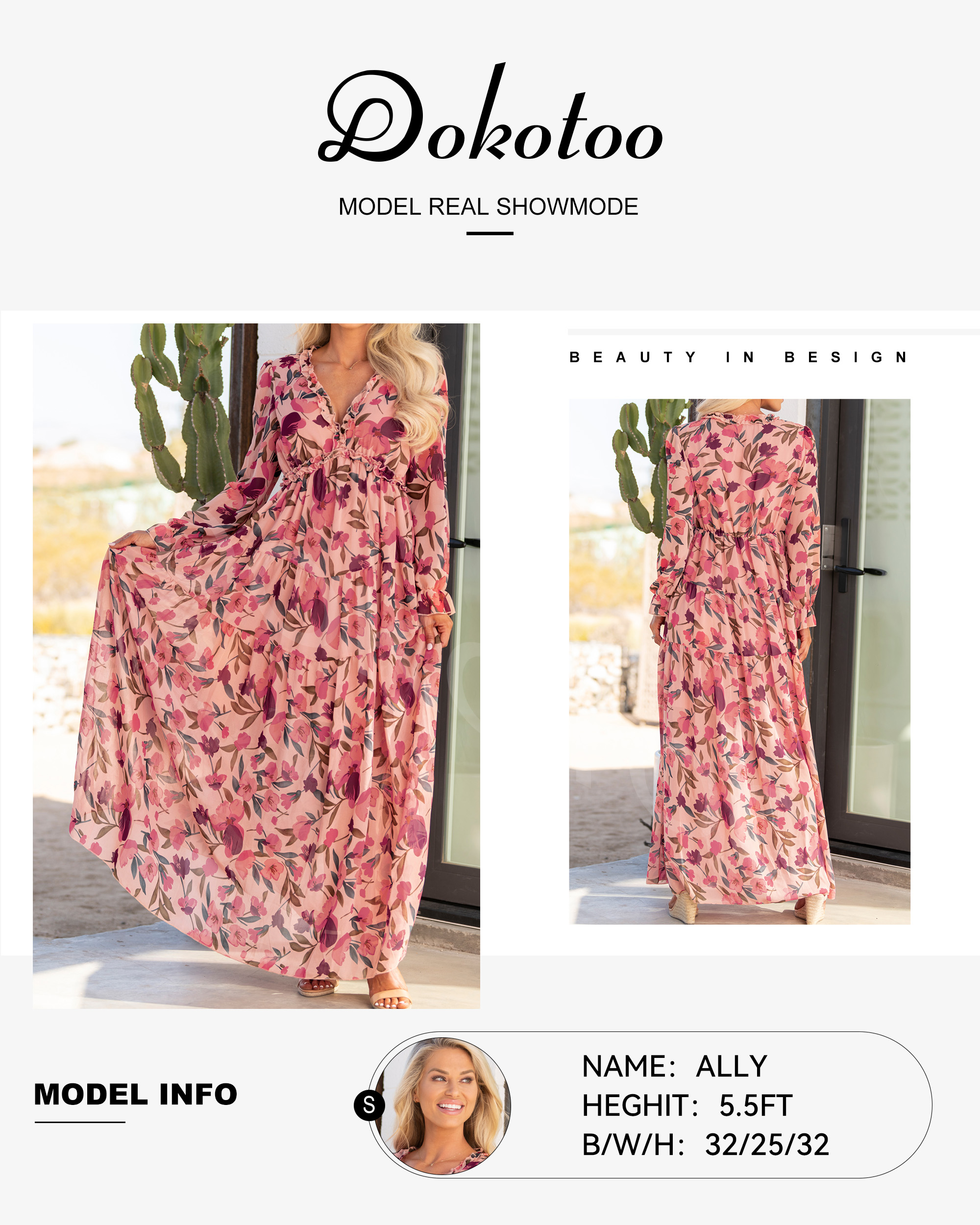 Dokotoo Women's Red Floral Maxi Dresses Casual Deep V Neck Long Sleeve Evening Dress Cocktail Party Dress for Women, US 8-10(M) - image 5 of 8