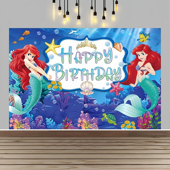 Mermaid Happy Birthday Anime Cartoon Theme Backdrops Banner Birthday Party Decor Supplies(5x3ft)